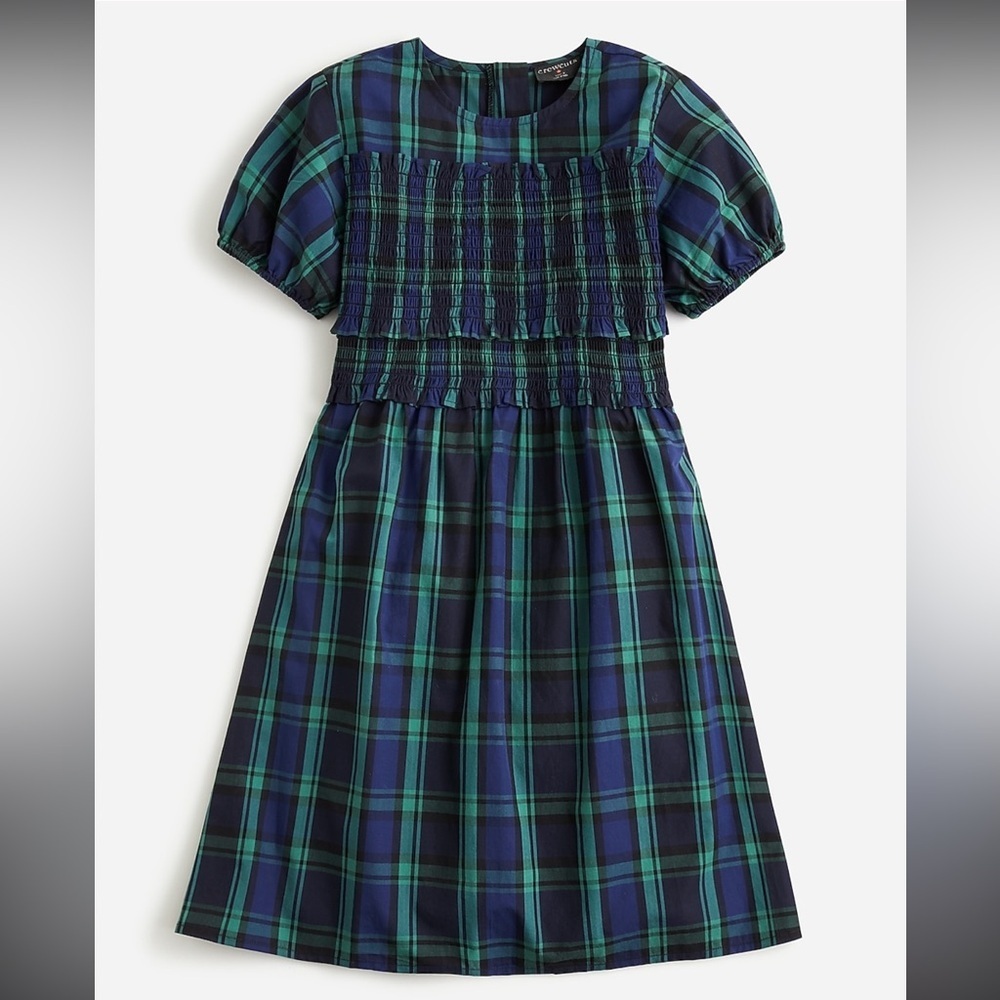Crewcuts J.Crew Girls Tartan Plaid Smocked A-Line Dress Blue Green Size 12